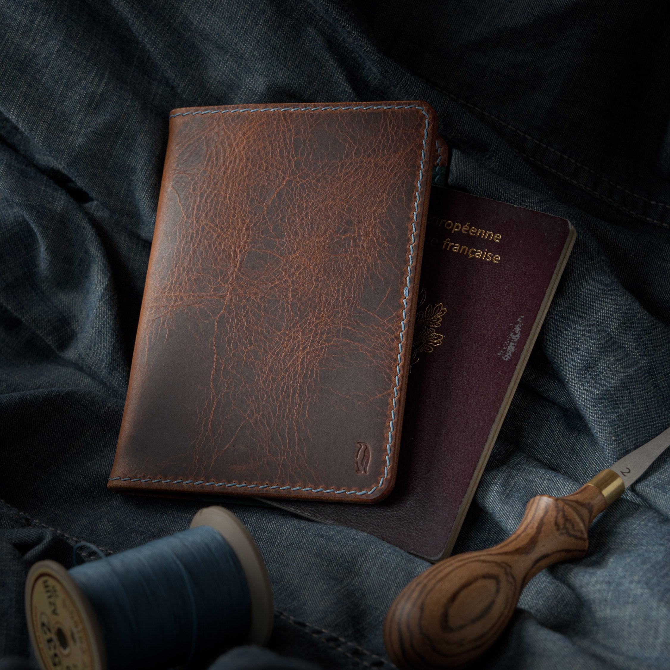 Astrolabe Passport Holder - Cognac Wax & Marine Pueblo
